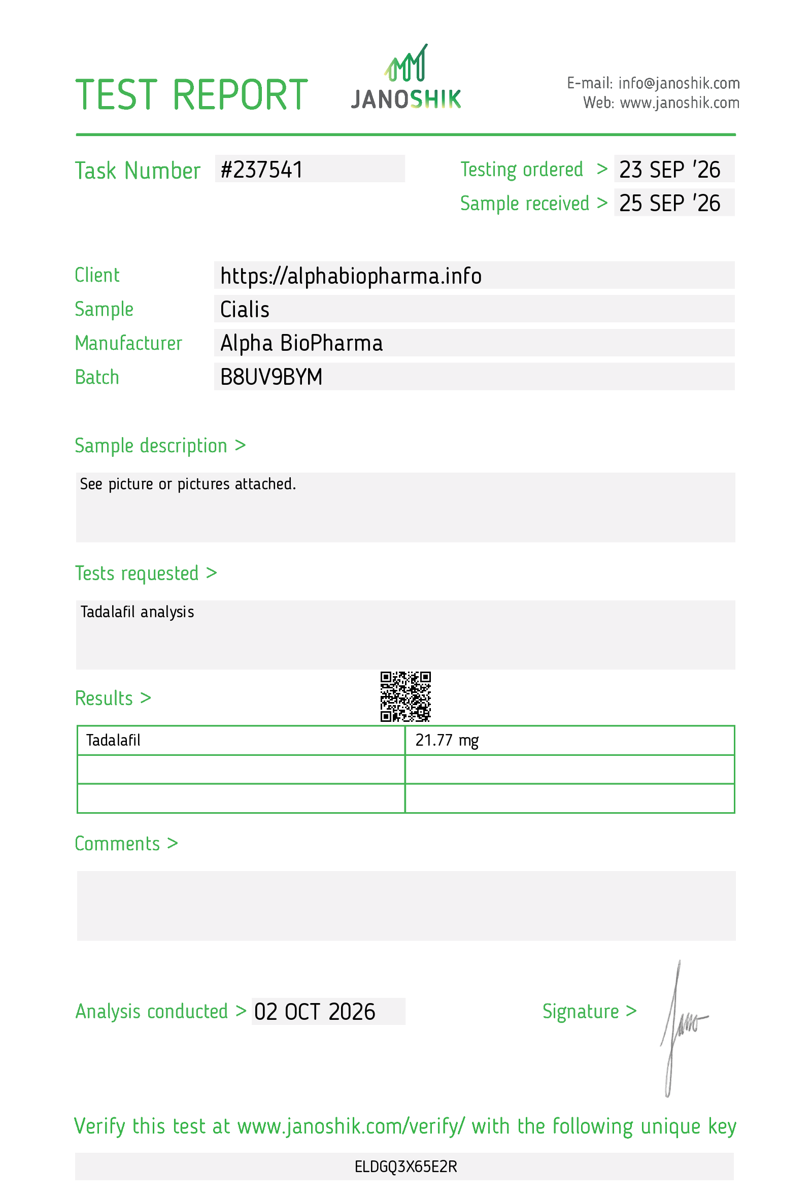 Janoshik Result