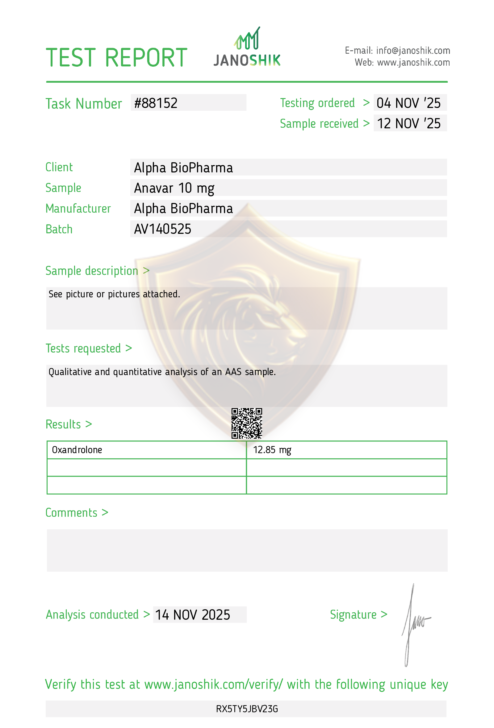 Janoshik Result